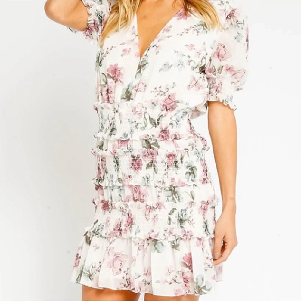 Floral Ruffle Dress Olivaceous Smocked Dress M